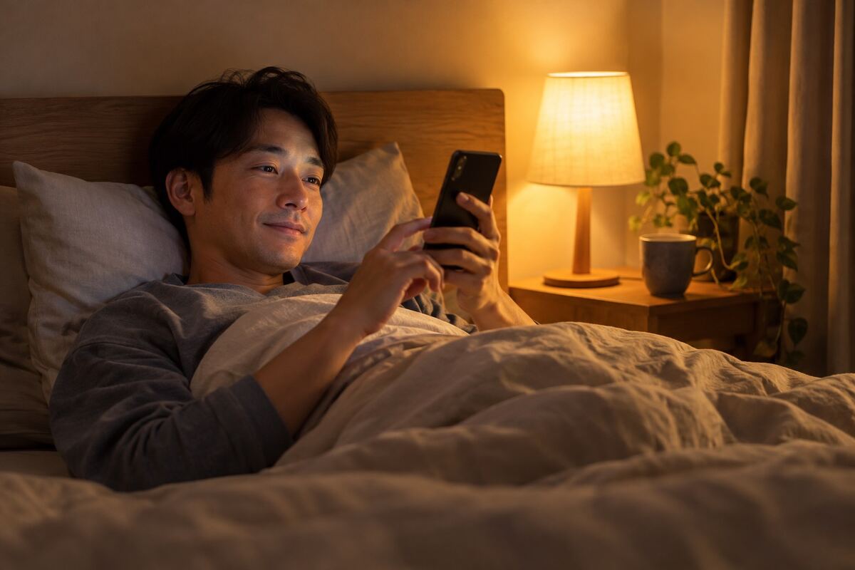 夜、ベッドでスマホを見る男性